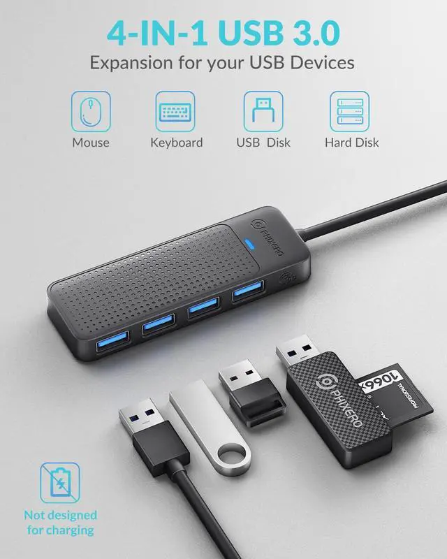Alt view image 3 of 7 - PHIXERO 15cm/0.5ft USB 3.0 Hub, 4-Port USB Hub USB Splitter with Super Speed 5Gbps, Ultra Slim USB Port Expander for Laptop, Desktop, Surface Pro, MacBook, Flash Drive