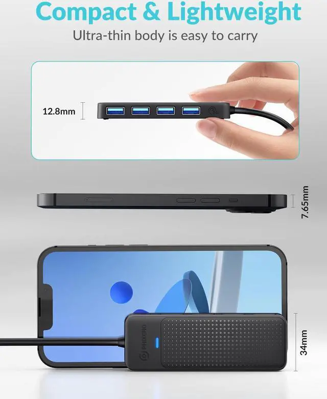 Alt view image 7 of 7 - PHIXERO 15cm/0.5ft USB 3.0 Hub, 4-Port USB Hub USB Splitter with Super Speed 5Gbps, Ultra Slim USB Port Expander for Laptop, Desktop, Surface Pro, MacBook, Flash Drive