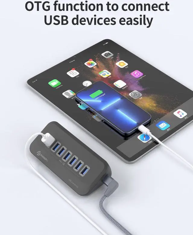 Alt view image 5 of 7 - PHIXERO USB Port Hub 10Gbps, 7 Ports USB 3.2 Hub, High-Speed USB 3.2 Gen 2 Portable USB Splitter, USB Hub for Laptop, PC, iMac, MacBook, Playstation, Xbox,Right Angle Type C Cable 100cm/3.3ft