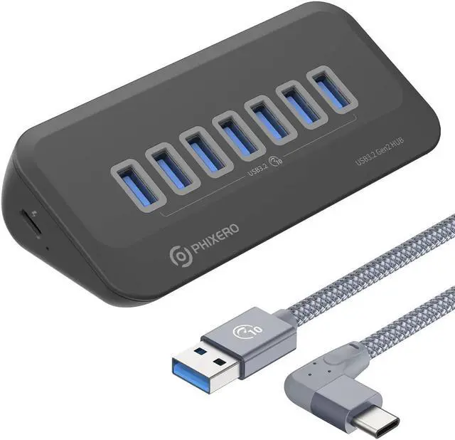 Alt view image 2 of 7 - PHIXERO USB Port Hub 10Gbps, 7 Ports USB 3.2 Hub, High-Speed USB 3.2 Gen 2 Portable USB Splitter, USB Hub for Laptop, PC, iMac, MacBook, Playstation, Xbox,Right Angle Type C Cable 100cm/3.3ft