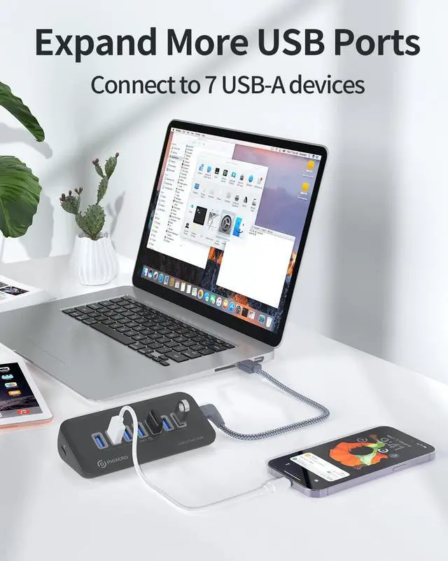 Alt view image 7 of 7 - PHIXERO USB Port Hub 10Gbps, 7 Ports USB 3.2 Hub, High-Speed USB 3.2 Gen 2 Portable USB Splitter, USB Hub for Laptop, PC, iMac, MacBook, Playstation, Xbox,Right Angle Type C Cable 100cm/3.3ft