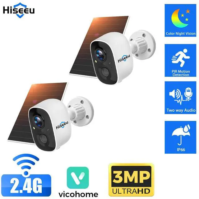 Main image of Hiseeu 2PCS/Lot 3MP Wireless Outdoor Solar Battery Powered Wifi Security Camera PIR Audio VicoHome APP