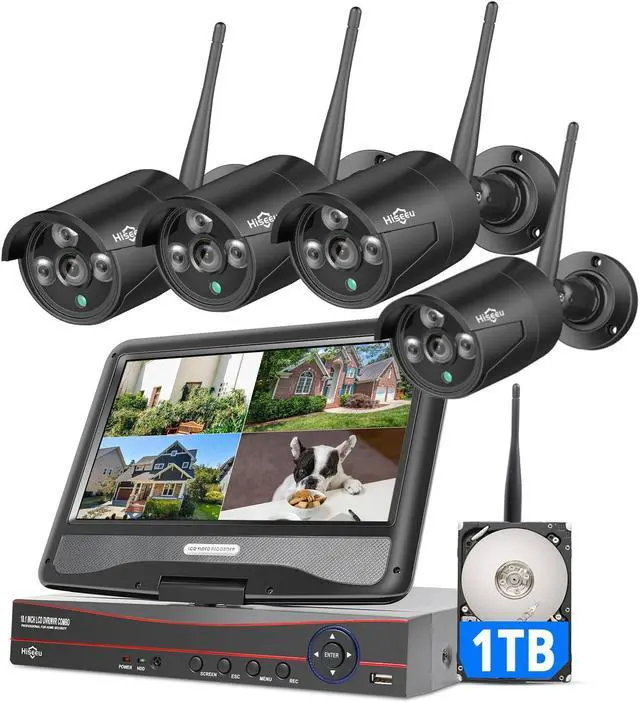 Main image of Hiseeu Wireless Security Camera System with 10.1" LCD 2K Monitor, 4Pcs 1296P Outdoor Indoor Cameras with One-Way Audio, Night Vision, Waterproof, Motion Detection, 1TB Hard Drive