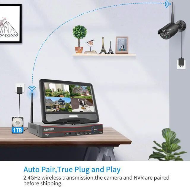 Alt view image 2 of 7 - Hiseeu Wireless Security Camera System with 10.1" LCD 2K Monitor, 4Pcs 1296P Outdoor Indoor Cameras with One-Way Audio, Night Vision, Waterproof, Motion Detection, 1TB Hard Drive