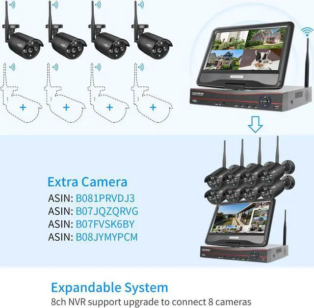Alt view image 6 of 7 - Hiseeu Wireless Security Camera System with 10.1" LCD 2K Monitor, 4Pcs 1296P Outdoor Indoor Cameras with One-Way Audio, Night Vision, Waterproof, Motion Detection, 1TB Hard Drive