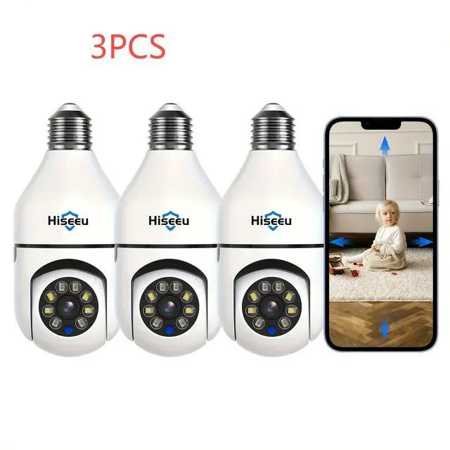 Main image of Hiseeu 3MP Full-Color Night Vision Camera] Hiseeu 3MP Full-Color Night Vision Light Bulb Security Camera, PTZ Technology, Wireless WiFi with 2.4GHz & 5GHz, Audio and Motion Alerts, Indoor Use, 3 Packs