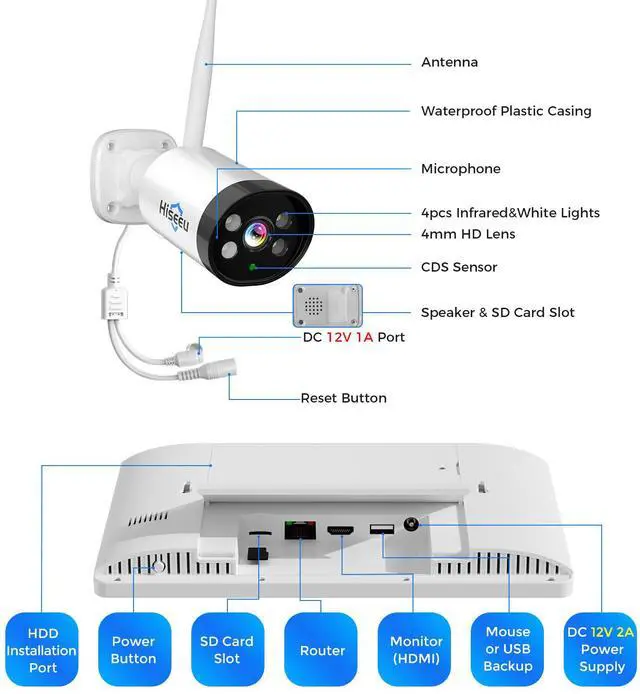 Alt view image 4 of 6 - Hiseeu 3MP WiFi Security Camera System With 10" LCD Monitor (Built in 500G HDD) 2-Way Audio Home Outdoor System