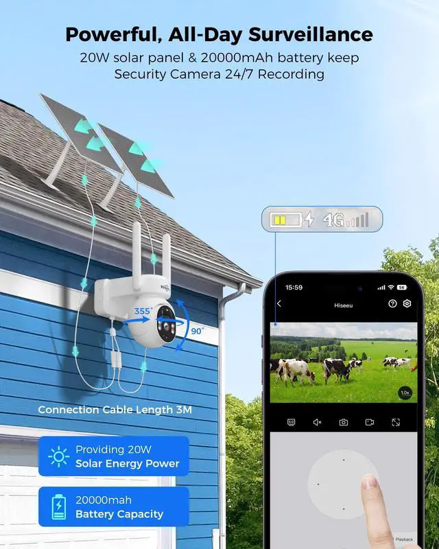 Alt view image 3 of 7 - Hiseeu 4G LTE Cellular Security Camera Outdoor SD Card Wireless Solar Powered