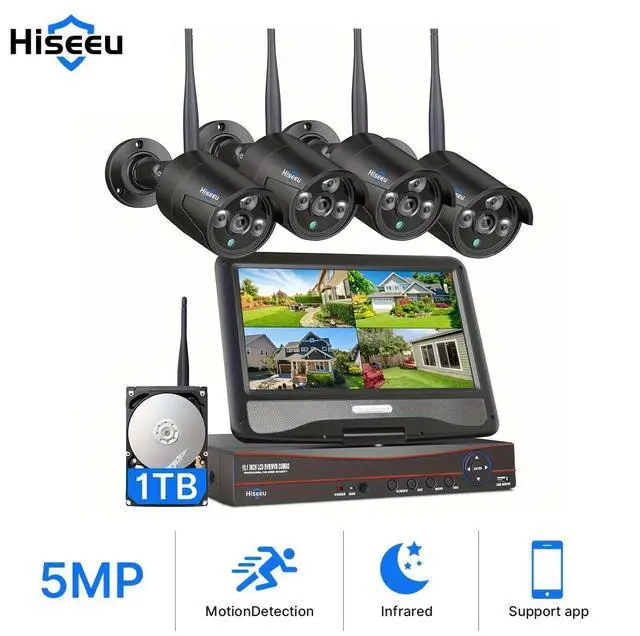 Main image of Hiseeu Wireless Security Camera System with 10.1" LCD 2K Monitor, 4Pcs 1296P Outdoor Indoor Cameras with One-Way Audio, Night Vision, Waterproof, Motion Detection, 1TB Hard Drive
