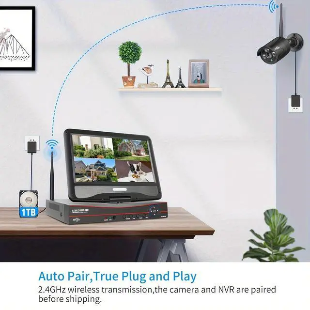 Alt view image 4 of 5 - Hiseeu Wireless Security Camera System with 10.1" LCD 2K Monitor, 4Pcs 1296P Outdoor Indoor Cameras with One-Way Audio, Night Vision, Waterproof, Motion Detection, 1TB Hard Drive