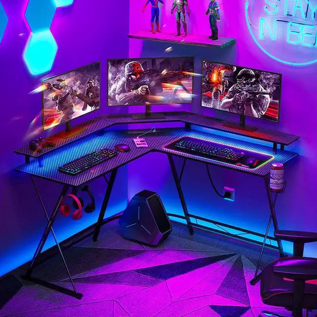 Alt view image 2 of 7 - L Shaped Gaming Desk with LED Lights & Power Outlets, 50.4 Computer Desk with Monitor Stand & Carbon Fiber Surface, Corner Desk with Cup Holder, Gaming Table with Hooks, Black
