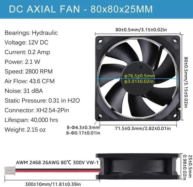 Alt view image 2 of 7 - GDSTIME 80mm x 80mm x 25mm 12V Brushless DC Cooling Fan compatible with Desktop