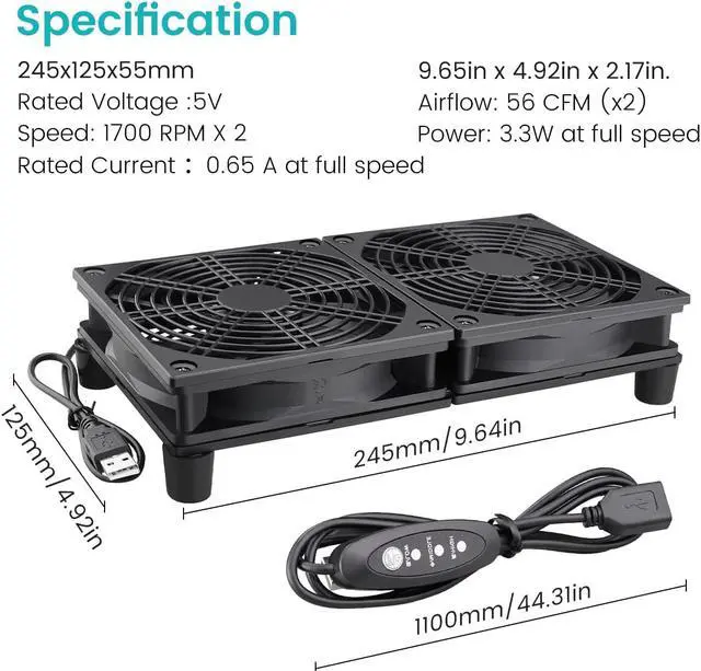 Alt view image 2 of 7 - Wathai High Airflow Router Cooling Fan for Computer Cooler TV Box Wireless DC 5V USB Power 120mm 240mm Fan with Multi Speed Controller