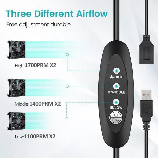Alt view image 3 of 7 - Wathai High Airflow Router Cooling Fan for Computer Cooler TV Box Wireless DC 5V USB Power 120mm 240mm Fan with Multi Speed Controller