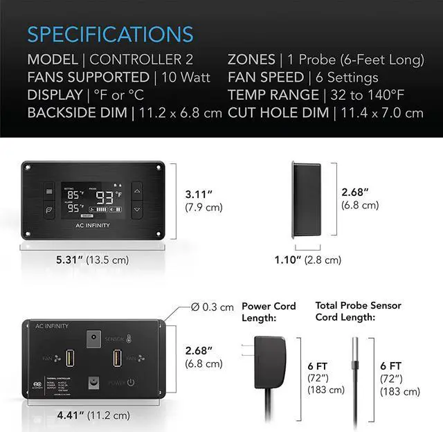 Alt view image 6 of 7 - AC Infinity Controller 2, Fan Thermostat and Speed Controller, Controls AIRPLATE, MULTIFAN, USB Fans and Devices, for AV Cabinet Cooling