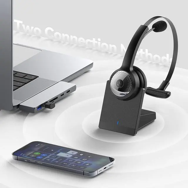 Alt view image 3 of 7 - Wireless Headset for Computer, BRAMMAR Bluetooth Headset with Noise Cancelling Microphone for PC, 35H Lightweight USB Headset with Mute Button, Suitable for Remote Working/Call Center/Online Class