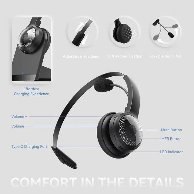 Alt view image 5 of 7 - Wireless Headset for Computer, BRAMMAR Bluetooth Headset with Noise Cancelling Microphone for PC, 35H Lightweight USB Headset with Mute Button, Suitable for Remote Working/Call Center/Online Class