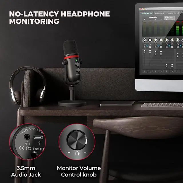 Alt view image 5 of 7 - USB Microphone - AUDIOPRO Computer Condenser Gaming Mic for PC/Laptop/Phone/PS4/5, Headphone Output, Volume Control, USB Type C Plug and Play, LED Mute Button, for Streaming, Podcast, Studio Recording