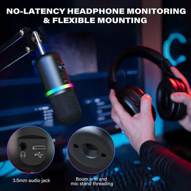 Alt view image 7 of 7 - USB Microphone - Condenser Gaming Microphone for PC/MAC/PS4/PS5/Phone- Cardioid Mic with Brilliant RGB Lighting Headphone Output Volume Control, Mute Button, for Streaming Podcast YouTube Discord
