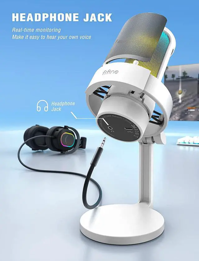 Alt view image 3 of 7 - FIFINE Gaming USB PC Computer RGB Microphone for Live Streaming, Meeting, Podcasting, Video, Condenser Mic with Monitoring Headphone Jack, Light Control, for MAC OS/Windows-AmpliGame A8 White