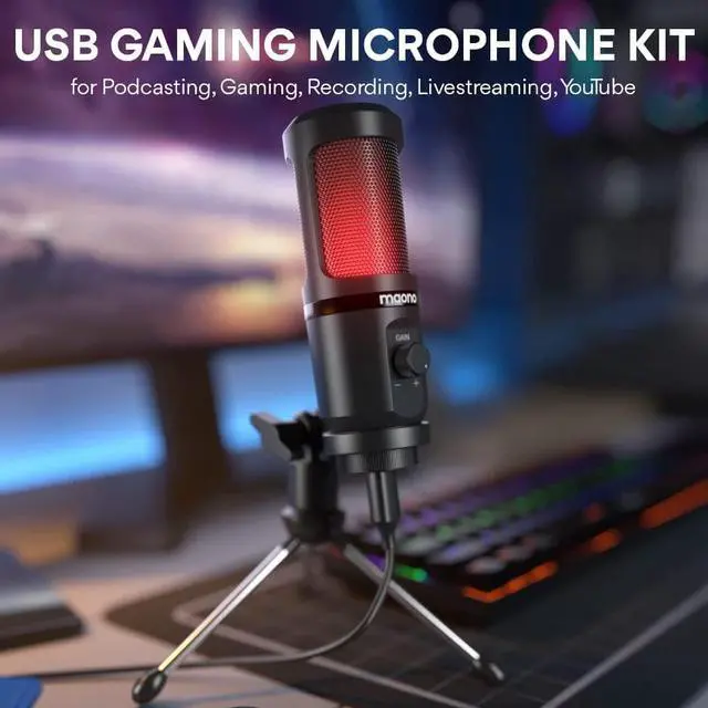 Alt view image 2 of 7 - USB Gaming Microphone for PC, Computer Condenser Mic with Gain Knob, RGB Light, Tripod Stand for Recording, Podcasting, Streaming, Compatible with PS5 PS4 Mac Laptop Desktop (PM461TR RGB)