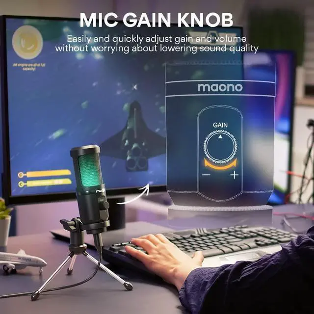 Alt view image 4 of 7 - USB Gaming Microphone for PC, Computer Condenser Mic with Gain Knob, RGB Light, Tripod Stand for Recording, Podcasting, Streaming, Compatible with PS5 PS4 Mac Laptop Desktop (PM461TR RGB)