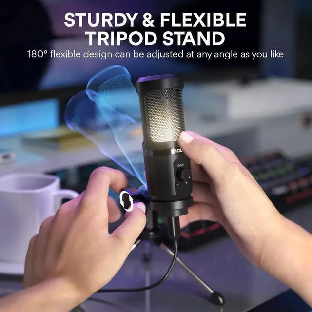 Alt view image 7 of 7 - USB Gaming Microphone for PC, Computer Condenser Mic with Gain Knob, RGB Light, Tripod Stand for Recording, Podcasting, Streaming, Compatible with PS5 PS4 Mac Laptop Desktop (PM461TR RGB)