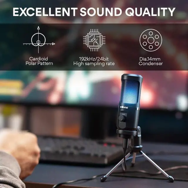 Alt view image 5 of 7 - USB Gaming Microphone for PC, Computer Condenser Mic with Gain Knob, RGB Light, Tripod Stand for Recording, Podcasting, Streaming, Compatible with PS5 PS4 Mac Laptop Desktop (PM461TR RGB)