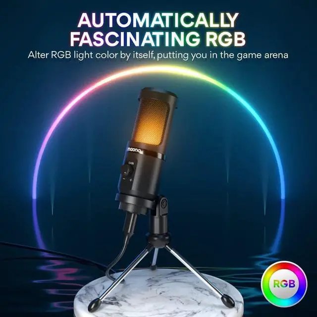Alt view image 3 of 7 - USB Gaming Microphone for PC, Computer Condenser Mic with Gain Knob, RGB Light, Tripod Stand for Recording, Podcasting, Streaming, Compatible with PS5 PS4 Mac Laptop Desktop (PM461TR RGB)