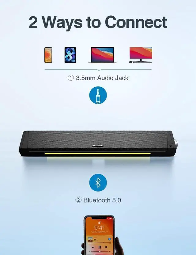 Alt view image 4 of 7 - Computer Speakers, Bluetooth Computer Soundbar, HiFi Stereo, 3.5mm Aux-in Connection, USB Powered Computer Speakers for Desktop Monitor, PC, Laptop, Tablets