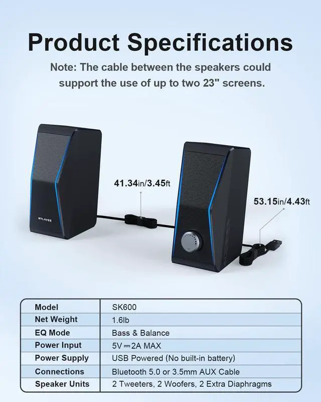 Alt view image 6 of 7 - Computer Speakers, Dynamic RGB PC Speakers, Bluetooth 5.0 HiFi Computer Speakers for Desktop with 2 Bass Diaphragms & 4 Speaker Units, USB Powered & 3.5mm AUX Cable for PC Laptop Monitor Tablet Phone