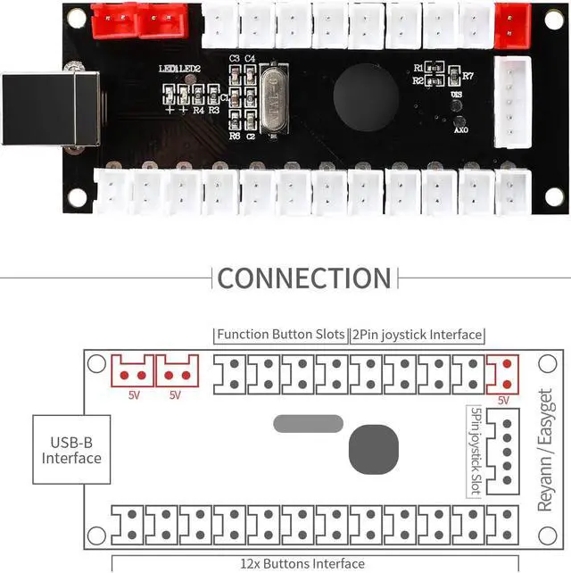 Alt view image 3 of 7 - Guwarry 2-Player Zero Delay USB Encoder PC to HAPP Joysticks/HAPP Arcade Buttons for PC, MAME, Raspberry Pi, Arcade1Up - Three 5V Power Output for led Joysticks/LED Daisy Chain/LED Arcade Buttons