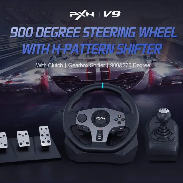 Alt view image 2 of 7 - PXN PC Steering Wheel, V9 Universal Usb Car Sim 270/900 Degree Race Steering Wheel with 3-Pedals and Shifter Bundle for PC, Xbox One, Xbox Series X/S, PS4, PS3, Switch (Black)