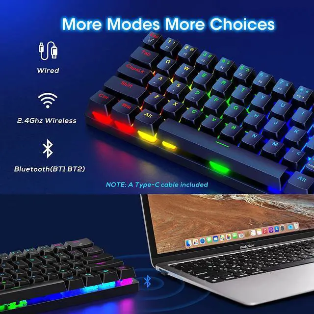 Alt view image 3 of 7 - 60% Wireless Mechanical Keyboard, 2.4G/Type-C/Bluetooth Keyboard with RGB Backlit, Clicky Blue Switch, 61 Keys Mini Office Wired Gaming Keyboard for iPad Mac Windows Xbox Gamer, Easy to Carry on Trip