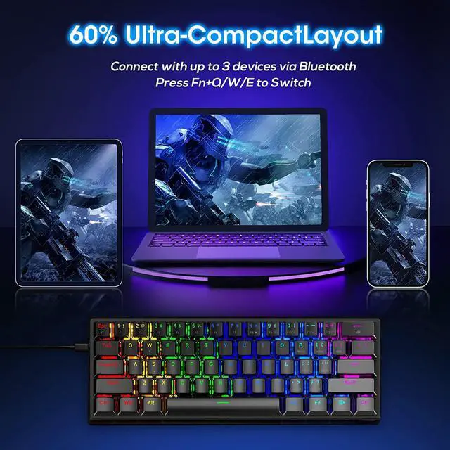 Alt view image 2 of 7 - 60% Wireless Mechanical Keyboard, 2.4G/Type-C/Bluetooth Keyboard with RGB Backlit, Clicky Blue Switch, 61 Keys Mini Office Wired Gaming Keyboard for iPad Mac Windows Xbox Gamer, Easy to Carry on Trip