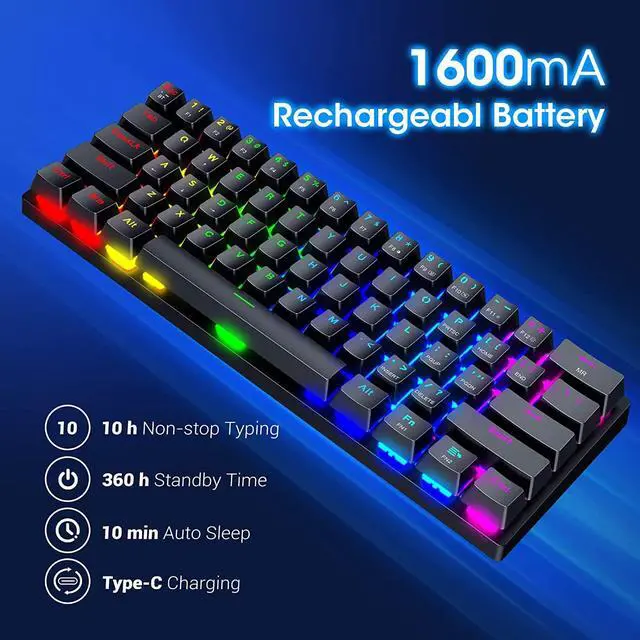 Alt view image 6 of 7 - 60% Wireless Mechanical Keyboard, 2.4G/Type-C/Bluetooth Keyboard with RGB Backlit, Clicky Blue Switch, 61 Keys Mini Office Wired Gaming Keyboard for iPad Mac Windows Xbox Gamer, Easy to Carry on Trip