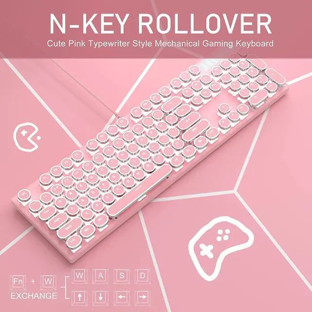 Alt view image 3 of 7 - Camiysn Typewriter Style Mechanical Gaming Keyboard, Pink Retro Punk Gaming Keyboard with White Backlit, 104 Keys Blue Switch