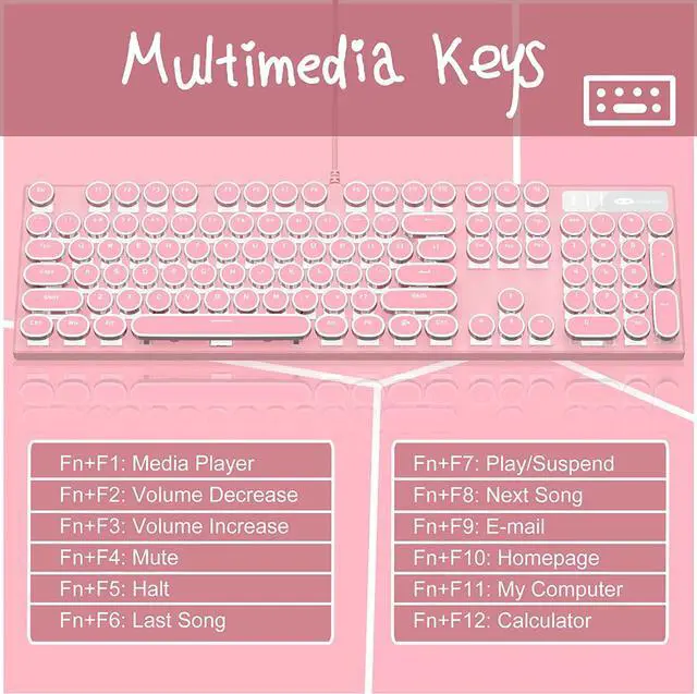 Alt view image 5 of 7 - Camiysn Typewriter Style Mechanical Gaming Keyboard, Pink Retro Punk Gaming Keyboard with White Backlit, 104 Keys Blue Switch