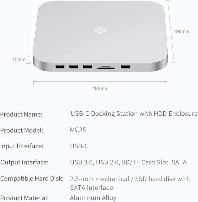 Alt view image 7 of 7 - USB-C Hub with Hard Drive Enclosure, Hagibis Type-C Docking Station & Stand for Mac Mini M2, Mac Studio M1 Max Ultra with SATA, USB 3.0, SD/TF Card Reader and USB2.0 for Laptop (MC25 Silver)