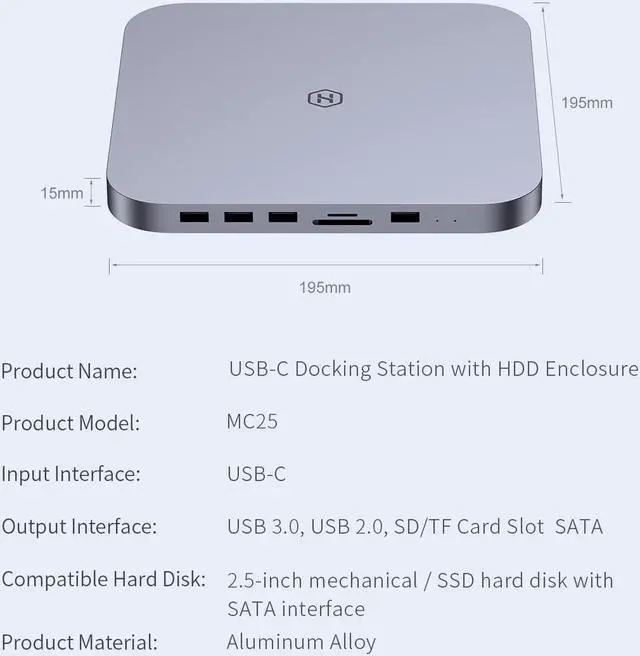 Alt view image 6 of 7 - USB-C Hub with Hard Drive Enclosure, Hagibis Type-C Docking Station & Stand for Mac Mini, Mac Studio M1 Max Ultra with SATA, USB 3.0, SD/TF Card Reader and USB 2.0 for Laptop (MC25 Grey)