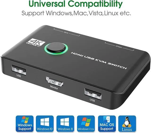 Alt view image 5 of 7 - 4K KVM Switch HDMI 2 Port Box, USB HDMI Switches for 2 Computers Share Keyboard Mouse Printer and one HD Monitor, Support UHD 4K@60Hz, with 2 USB Cables and 2 HDMI Cables