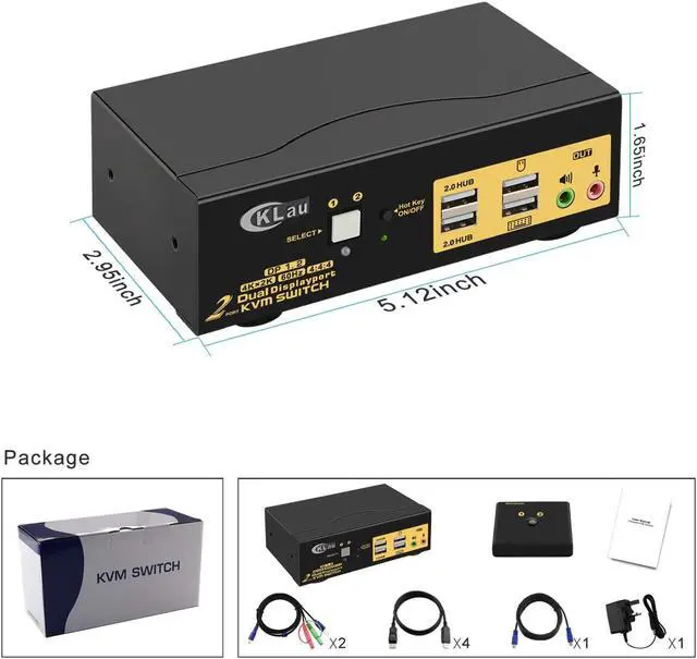 Alt view image 7 of 7 - CKLau 4K@60Hz 2 Port Dual Monitor KVM Switch Displayport with Audio, USB 2.0 Hub and Cables, DP 1.2 KVM Switch 2 Monitors 2 Computers Support Hotkey Switching