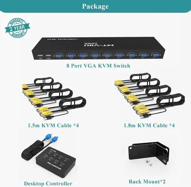 Alt view image 5 of 7 - MT-VIKI KVM Switch 8 Port, 8X1 Rackmount KVM Switch VGA, Included 8 2-in-1 KVM Cables & Wire-Desktop Selector, Fit 1U 19'' Rack