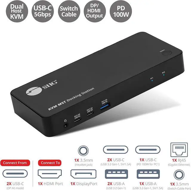 Alt view image 2 of 7 - SIIG 2-Port USB-C KVM Docking Station with PD 65W, for 2 Monitors 2 Computers, MST Technology, 1x HDMI 1x DisplayPort, Gigabit Ethernet, Headset Jack (CE-DK0111-S1)