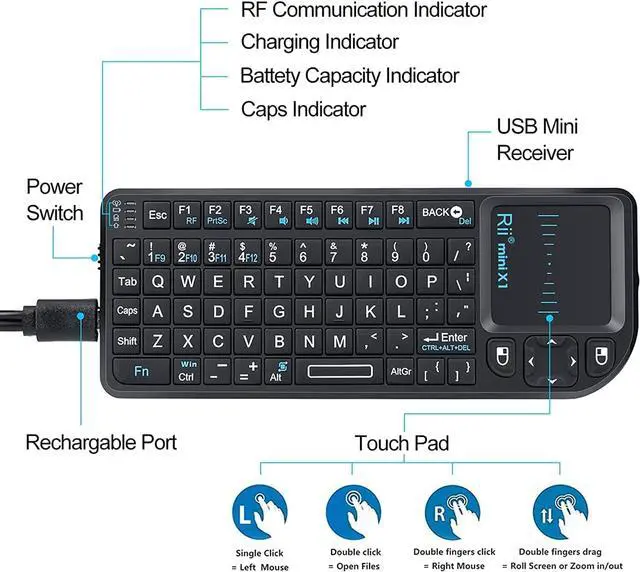 Alt view image 3 of 7 - Rii 2.4G Mini Wireless Keyboard with Touchpad Mouse,Lightweight Portable Controller with USB Receiver Remote Control for Windows/ Mac/ Android/ PC/Tablets/ TV/Xbox/ PS3. X1-Black .