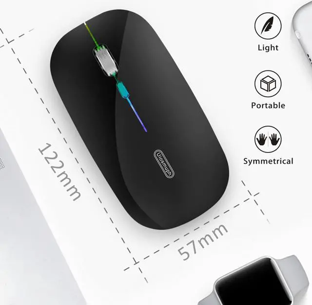 Alt view image 5 of 7 - Uiosmuph LED Wireless Silent Mouse, G12 Slim Rechargeable, 2.4G Portable Optical Computer Mice with USB Receiver and Type C Adapter (Black)