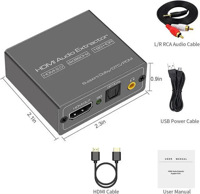 Alt view image 6 of 6 - 4K 60Hz HDMI Audio Extractor Splitter Converter HDMI to HDMI +Optical +3.5mm AUX Audio Adapter Supports HDMI 2.0 18Gpbs Bandwidth Dolby Digital/DTS PCM HDR10