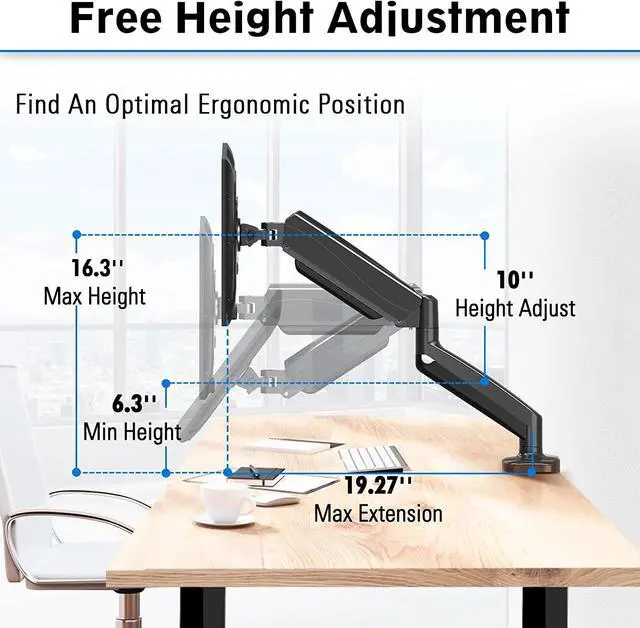 Alt view image 4 of 7 - MOUNTUP Single Monitor Desk Mount, Adjustable Gas Spring Monitor Arm Support Max 32 Inch, 4.4-17.6lbs Screen, Computer Monitor Stand Holder with Clamp/Grommet Mounting Base, VESA Mount Bracket, MU0004