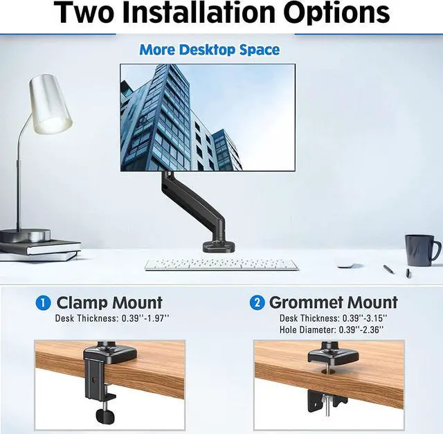 Alt view image 5 of 7 - MOUNTUP Single Monitor Desk Mount, Adjustable Gas Spring Monitor Arm Support Max 32 Inch, 4.4-17.6lbs Screen, Computer Monitor Stand Holder with Clamp/Grommet Mounting Base, VESA Mount Bracket, MU0004
