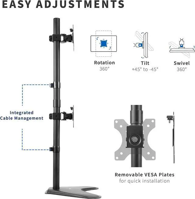 Alt view image 4 of 7 - Dual Monitor Desk Stand Free-Standing LCD Mount Holds in Stacked Vertical Position 2 Ultrawide Screens up to 34 inches Black STAND-V002L